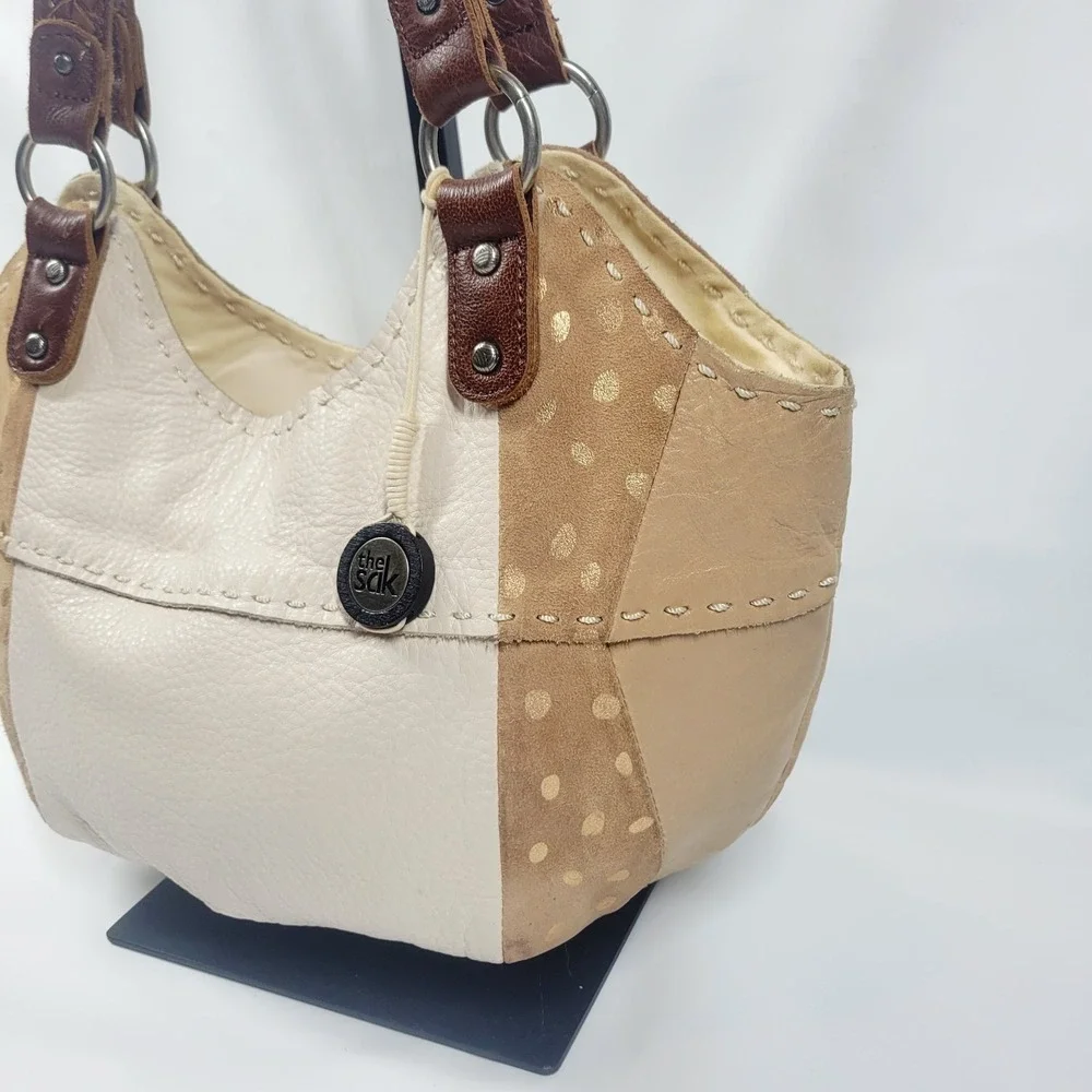 The Sak Vintage Pebbled Leather Hobo Bag Cream And Tan Double Shoulder Straps